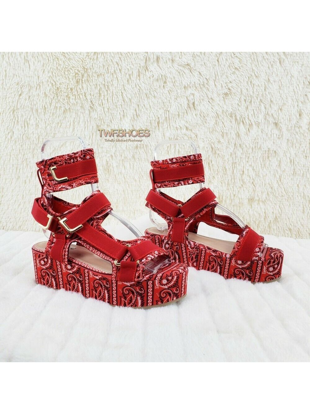 NIB Bandana 2" Platform Harness Strap Sandal Shoes Red Bandanna Flatform
